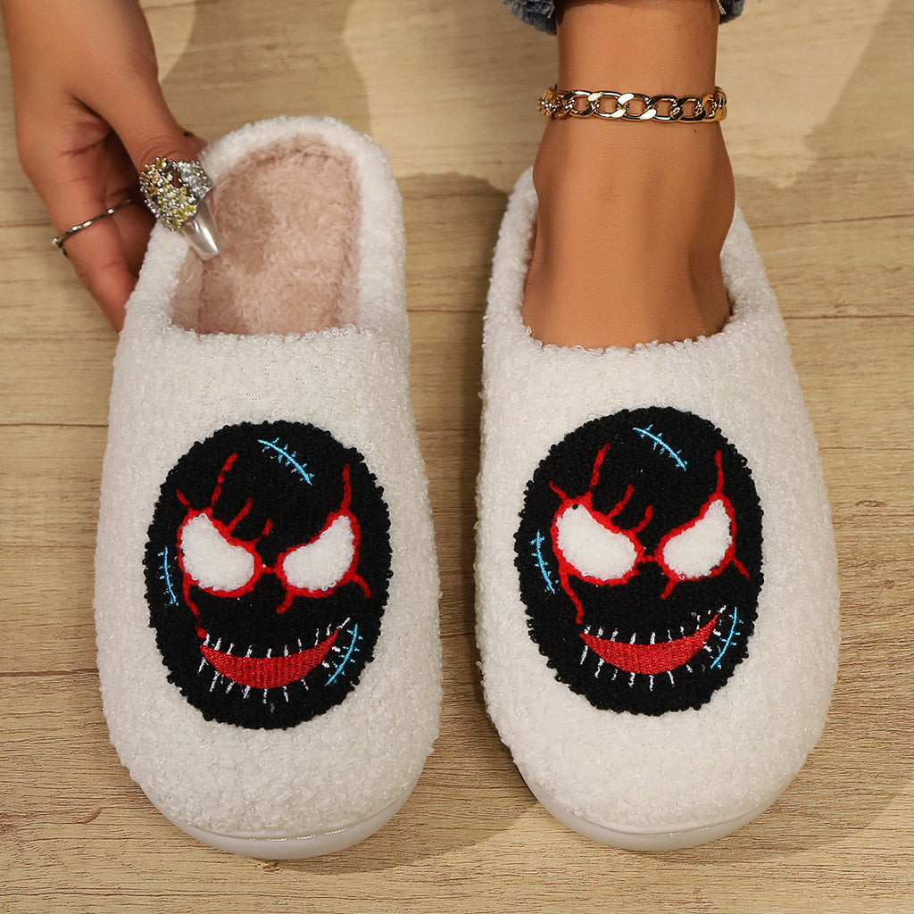 Comfortable, soft, and stylish women’s slippers with stitched designs, such as black Spiderman